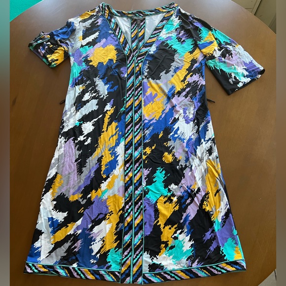 ☎️ BCBG MAX AZRIA Multicolor Watercolor Paint Splatter Adjustable Sleeve Dress - Picture 9 of 9